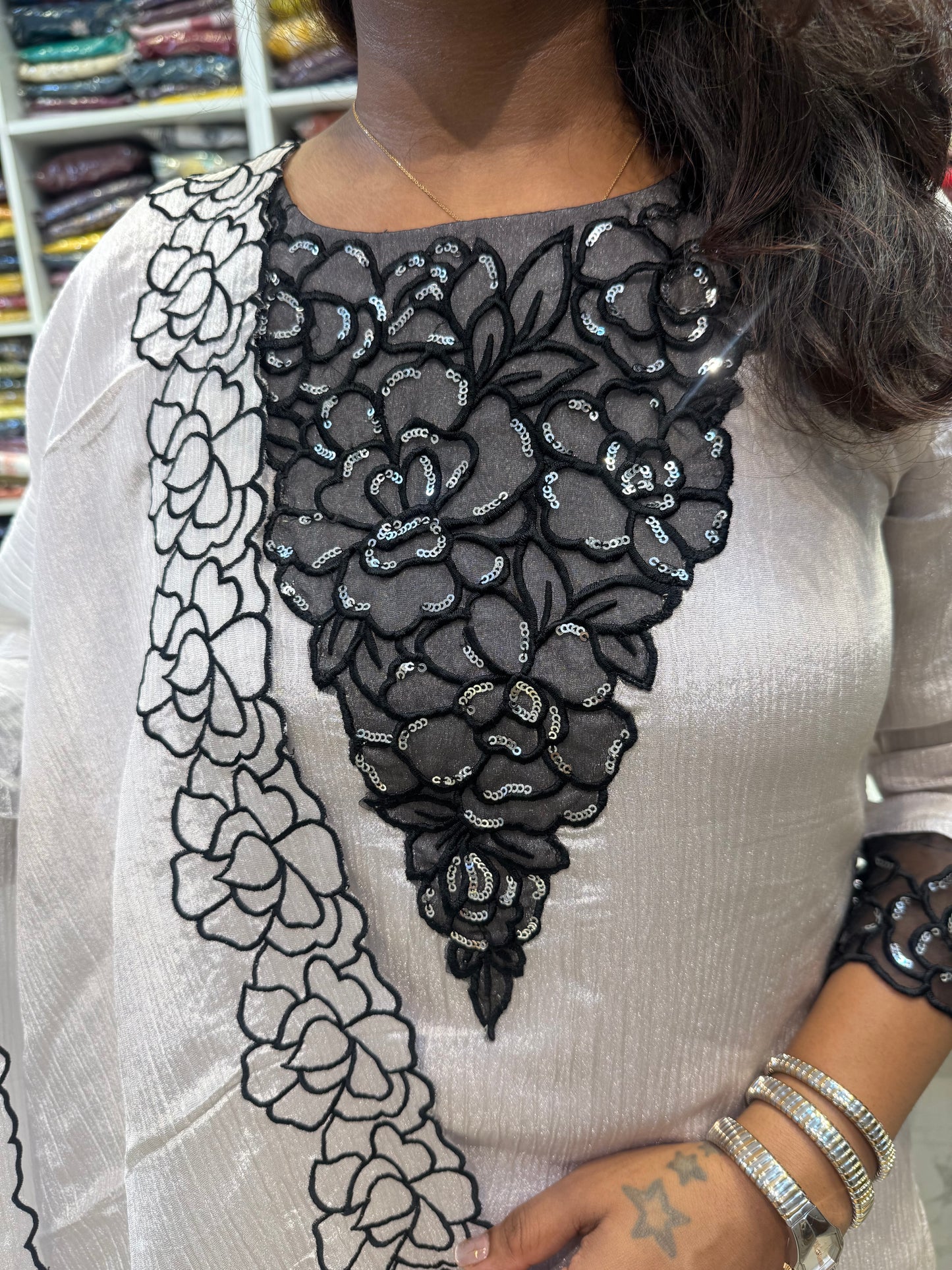 Shimmer Crush Thread Embroidery Kurti With Divider Pant with Scallop Dupatta-HSC155