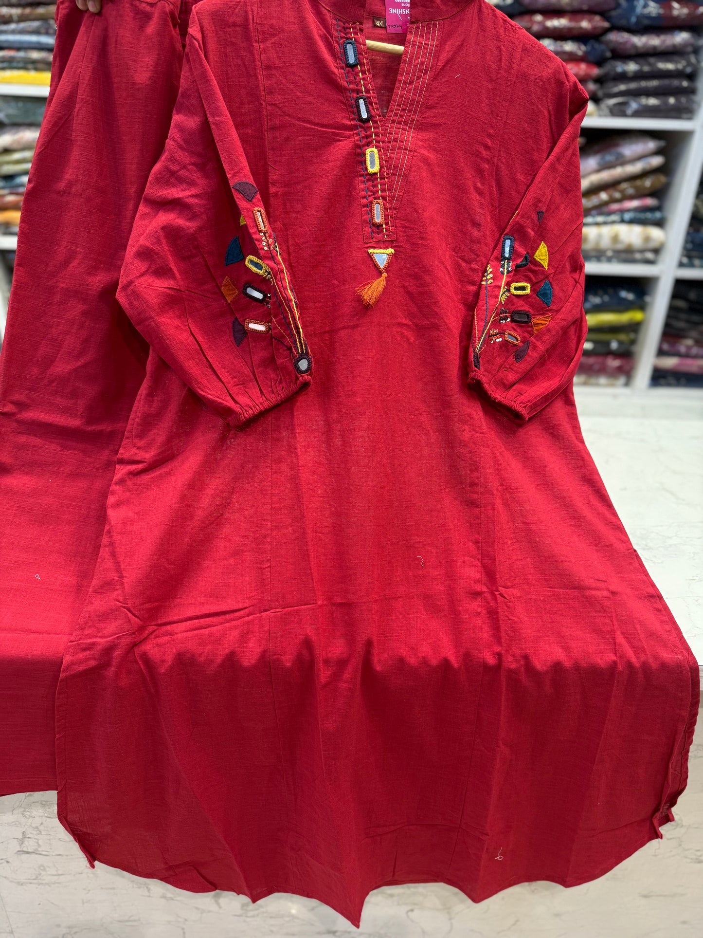 Red Pure Cotton Hand Embroidered Kurti With Pant-HSC81