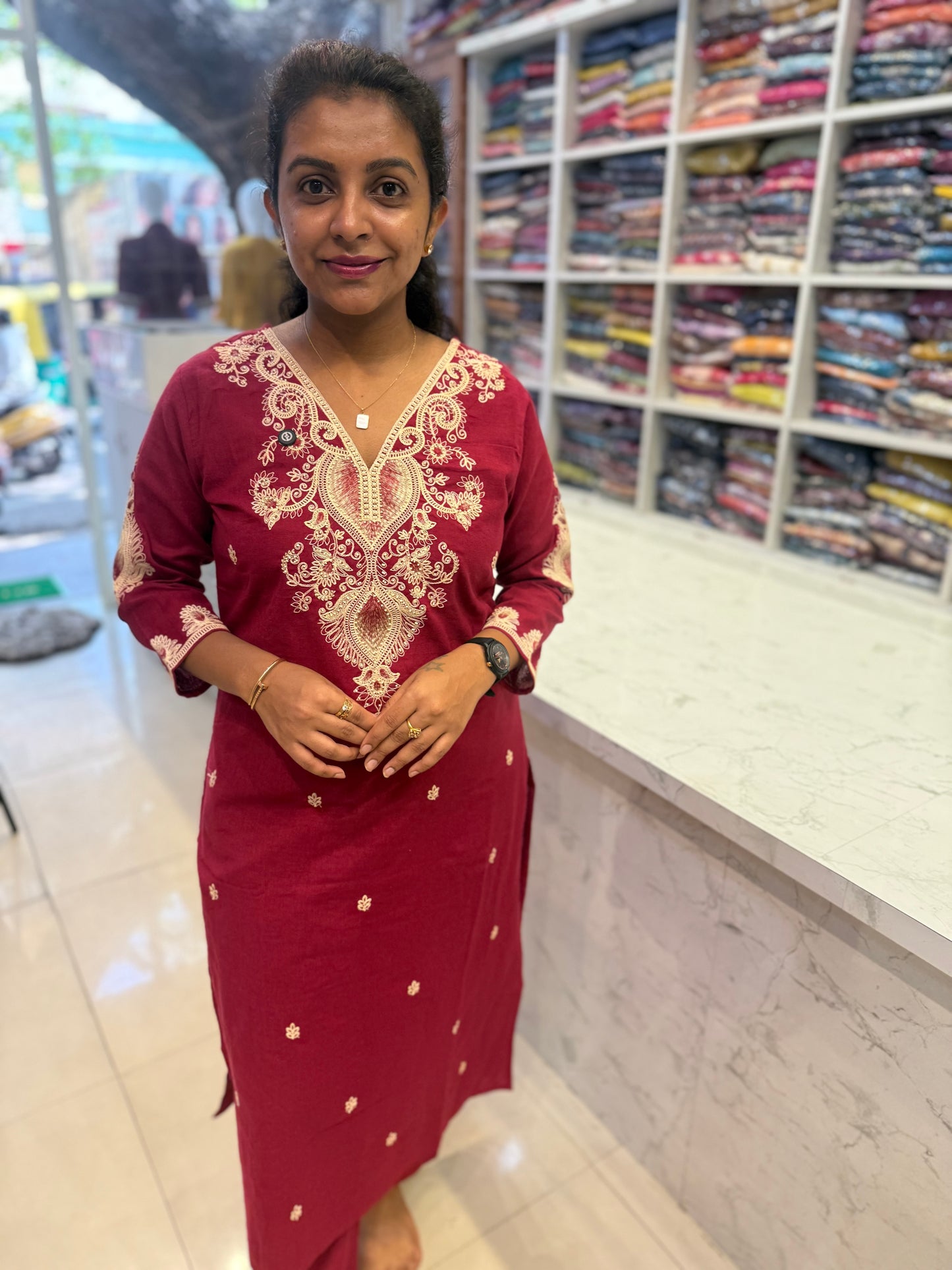 Pink Cotton Flex Embroidery Kurti With Pant-HSC18