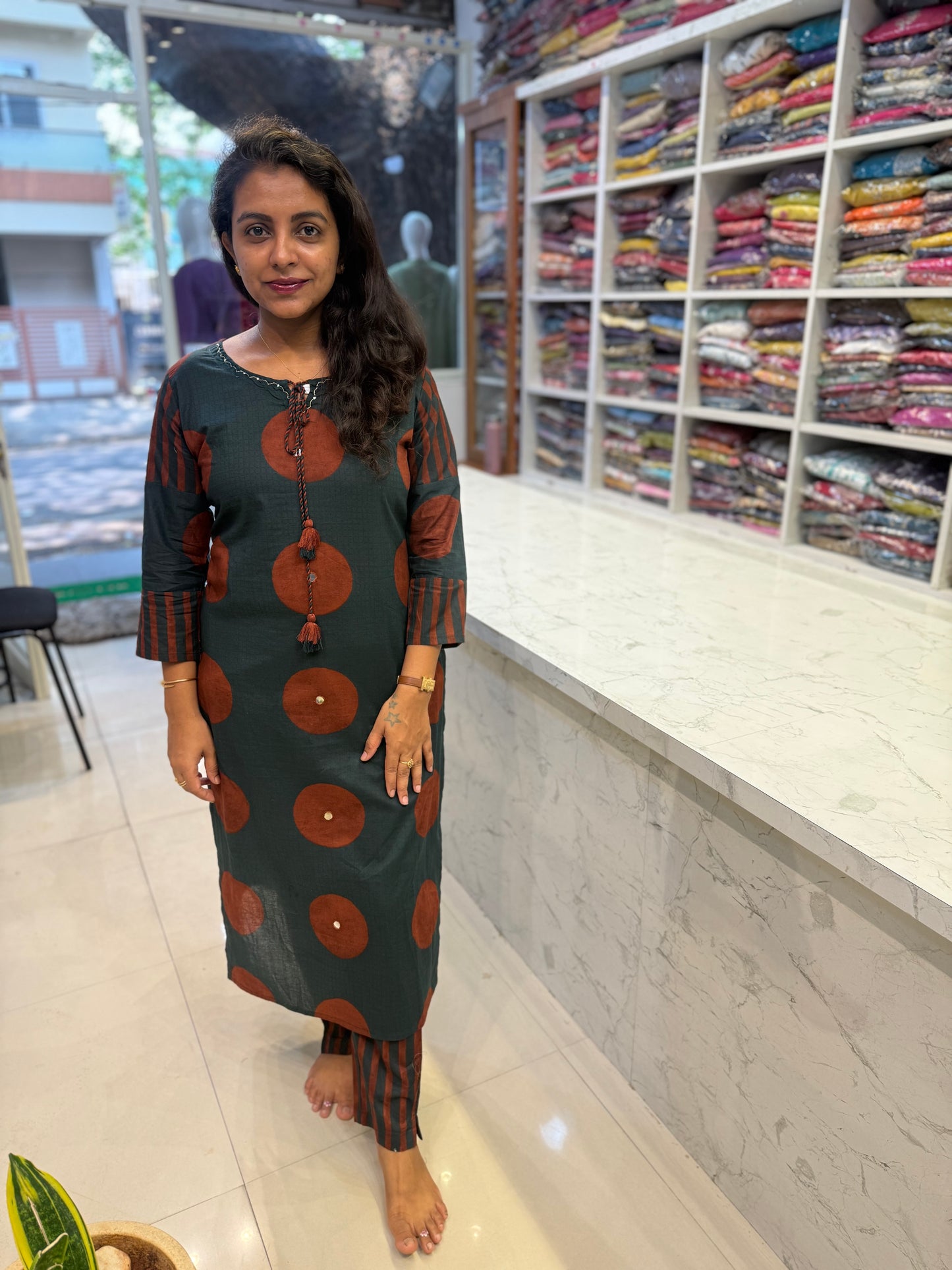 Green Polka Dots Cotton Kurti With stripes Pant Kurti and Pant-HSC70