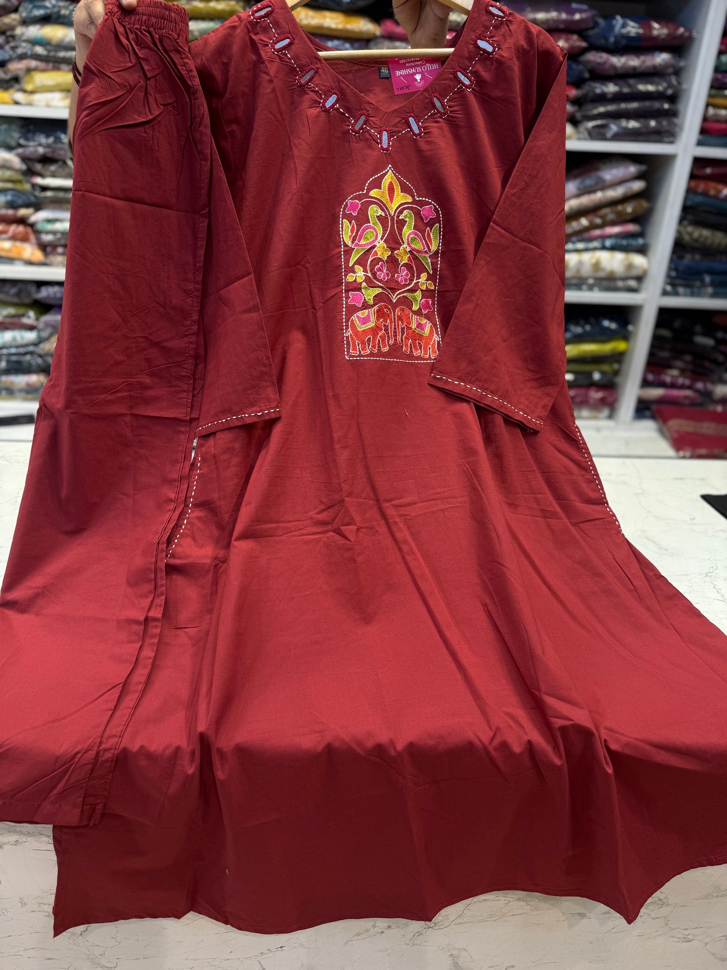 Marron Pure Cotton Embroidered Kurti With Pant-HSC81