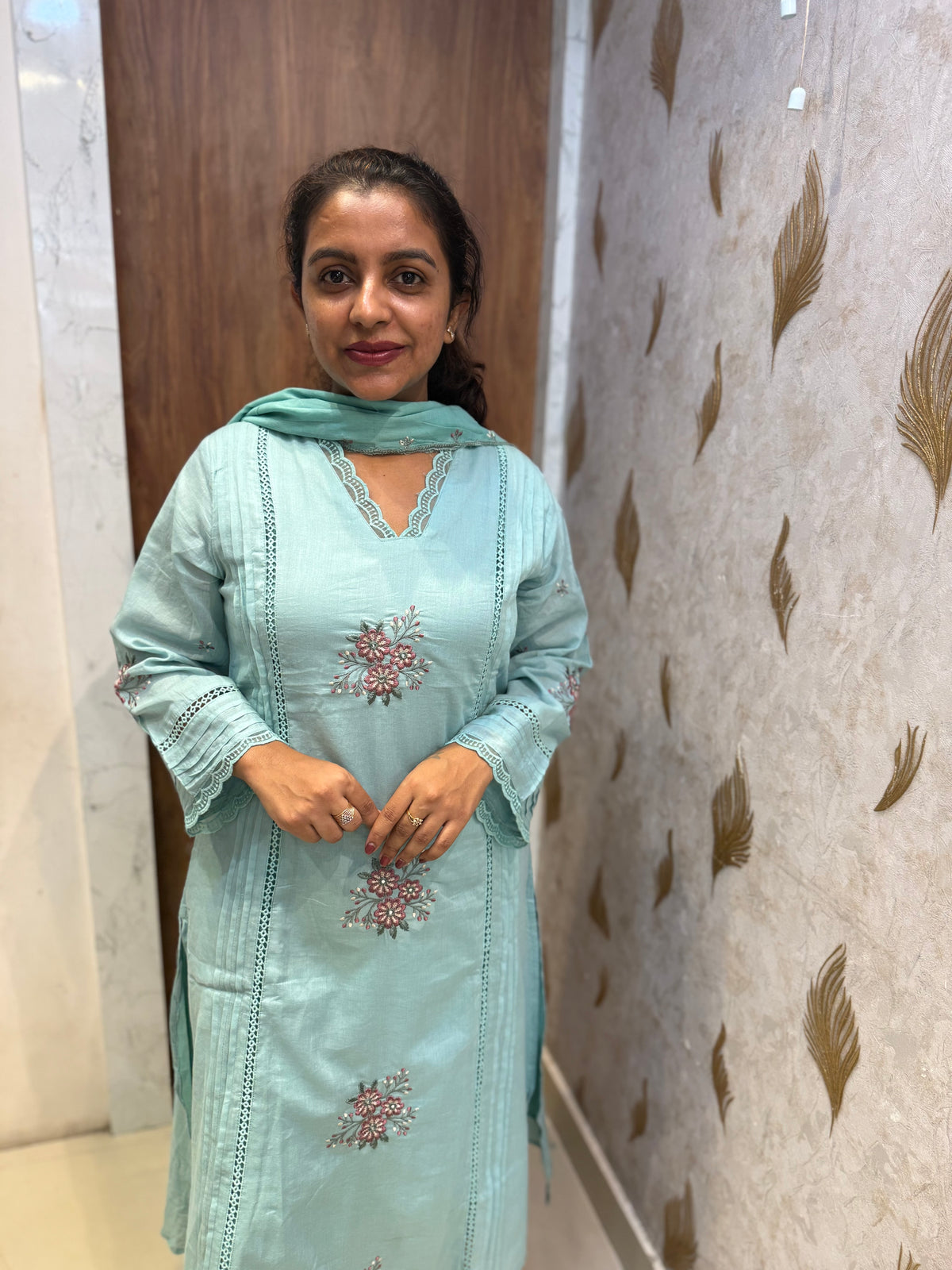 Sky Blue Lace Embroidery Pure Cotton Kurti With Pant and Dupatta -HSC1299