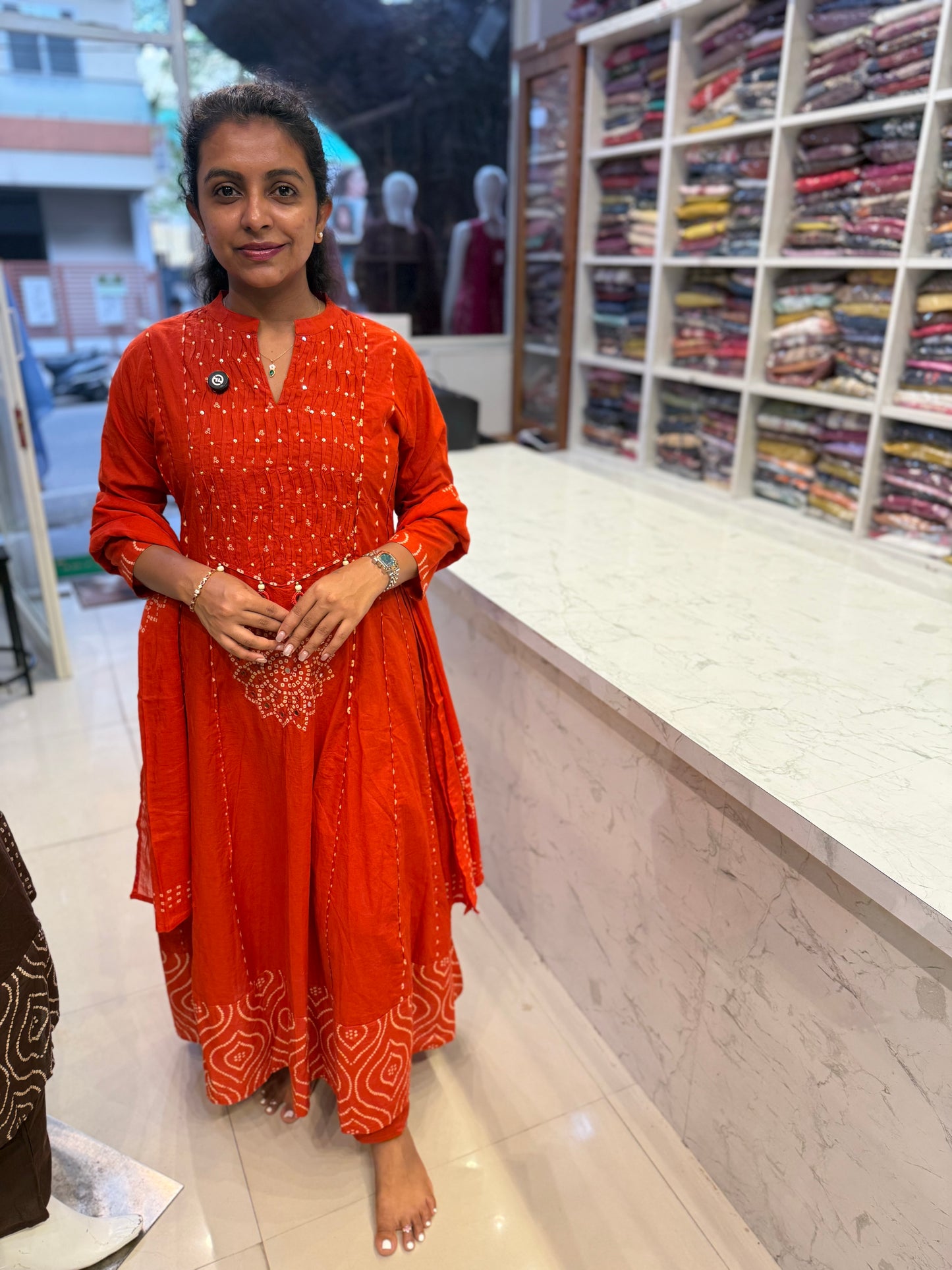 Rust Orange Anarkali Pure Cotton Kurti With Pant and Dupatta