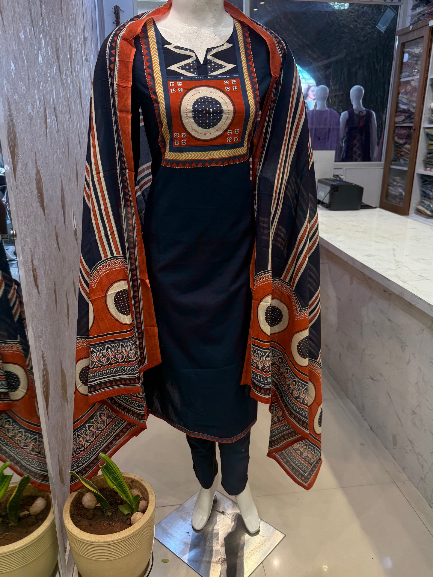 Blue Printed Patch Work Kurti With Pant and Dupatta-HSC107