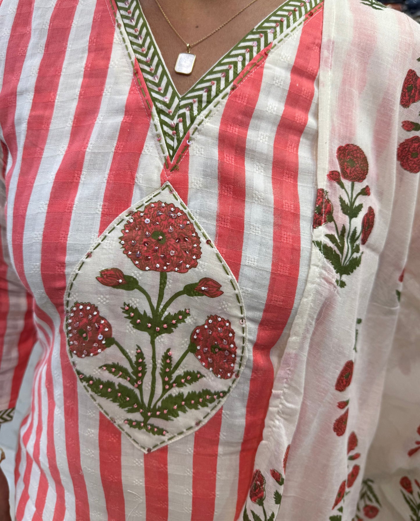Stripes Pure linen Cotton Kurti With Pant and Mogal Printed Dupatta-HSC36