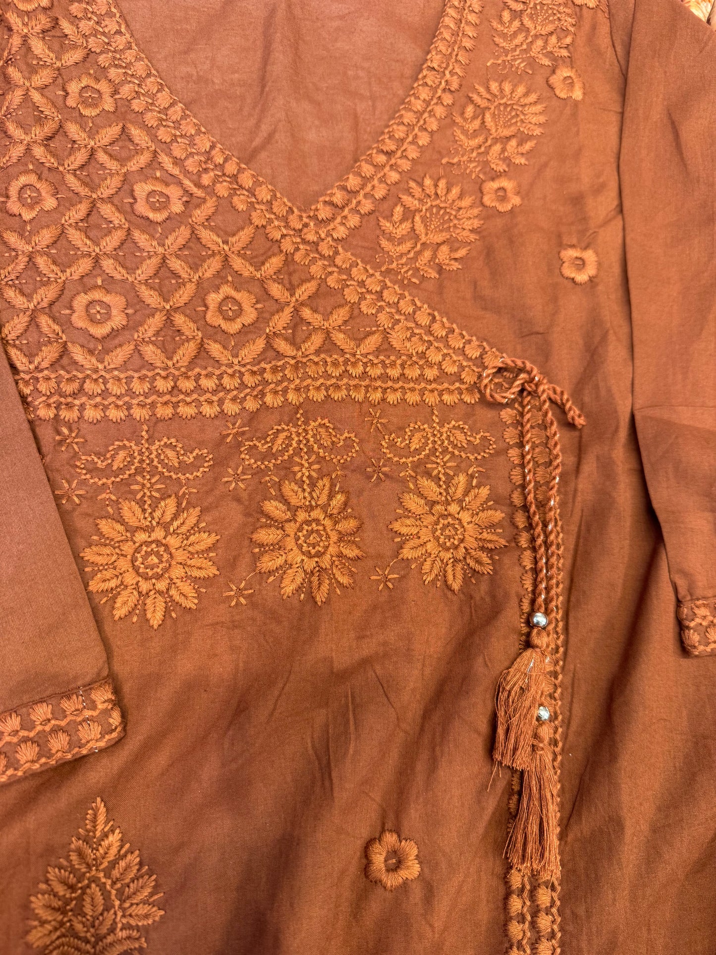 Chocolate Brown Chikankari Embroidery Kurti With Pant and Dupatta-HSC163