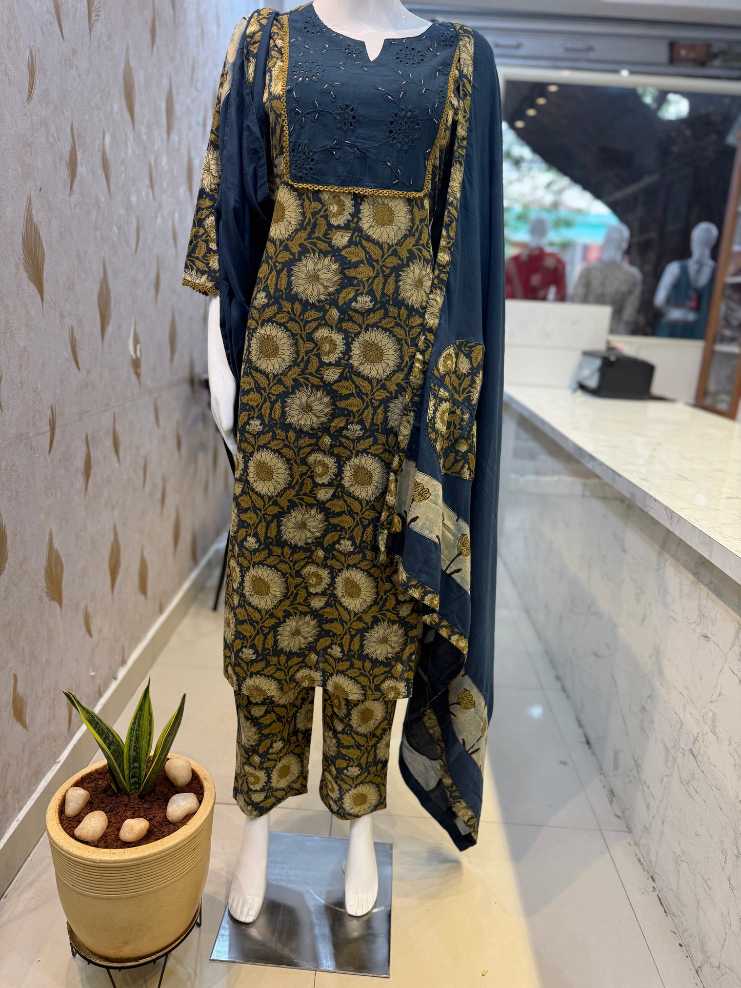 Applique Floral Printed Pure Cotton Kurti with Pant and Dupatta