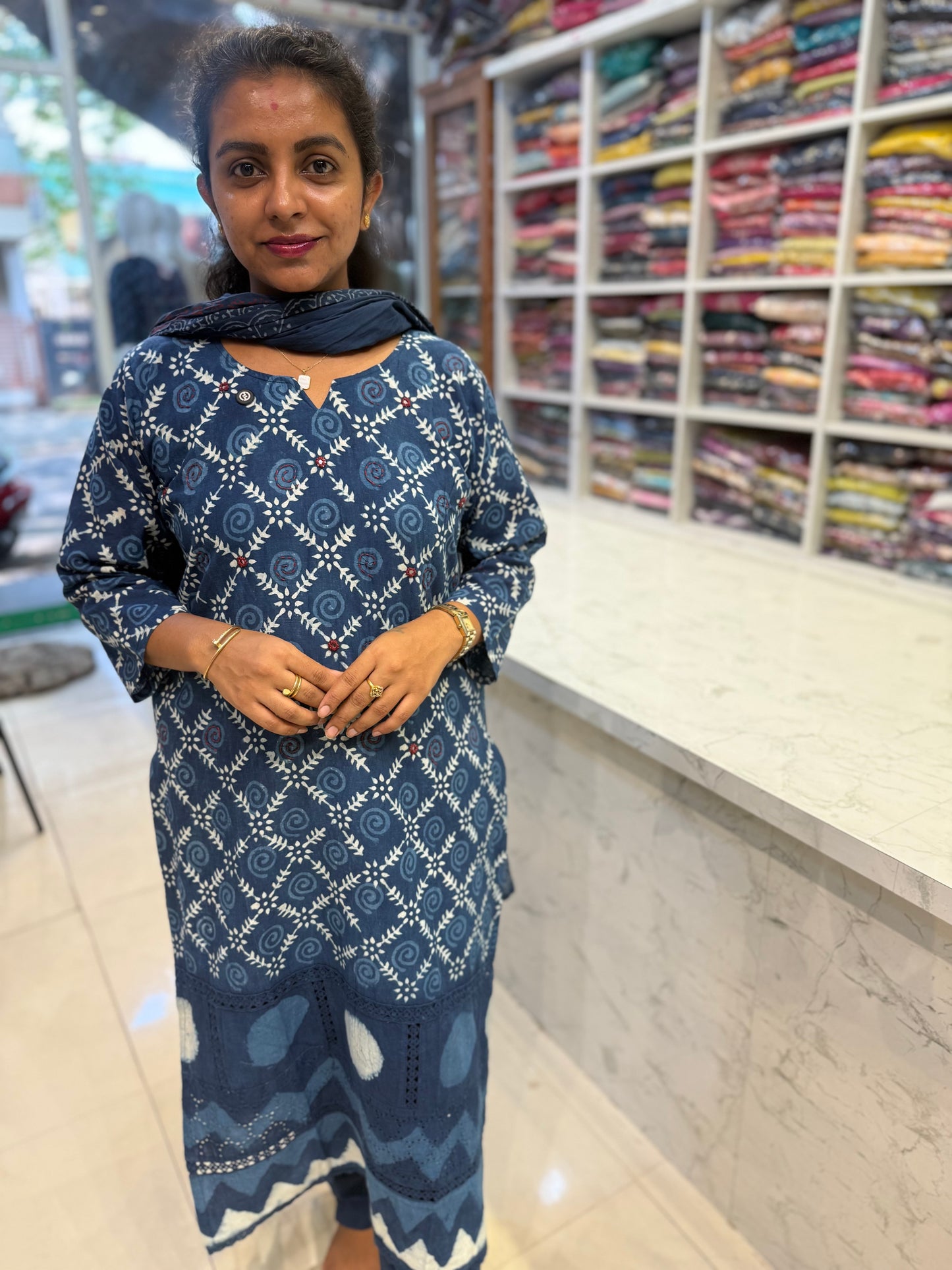 Indigo Block Printed Pure Cotton Kurti With Pant and Dupatta-HSC84