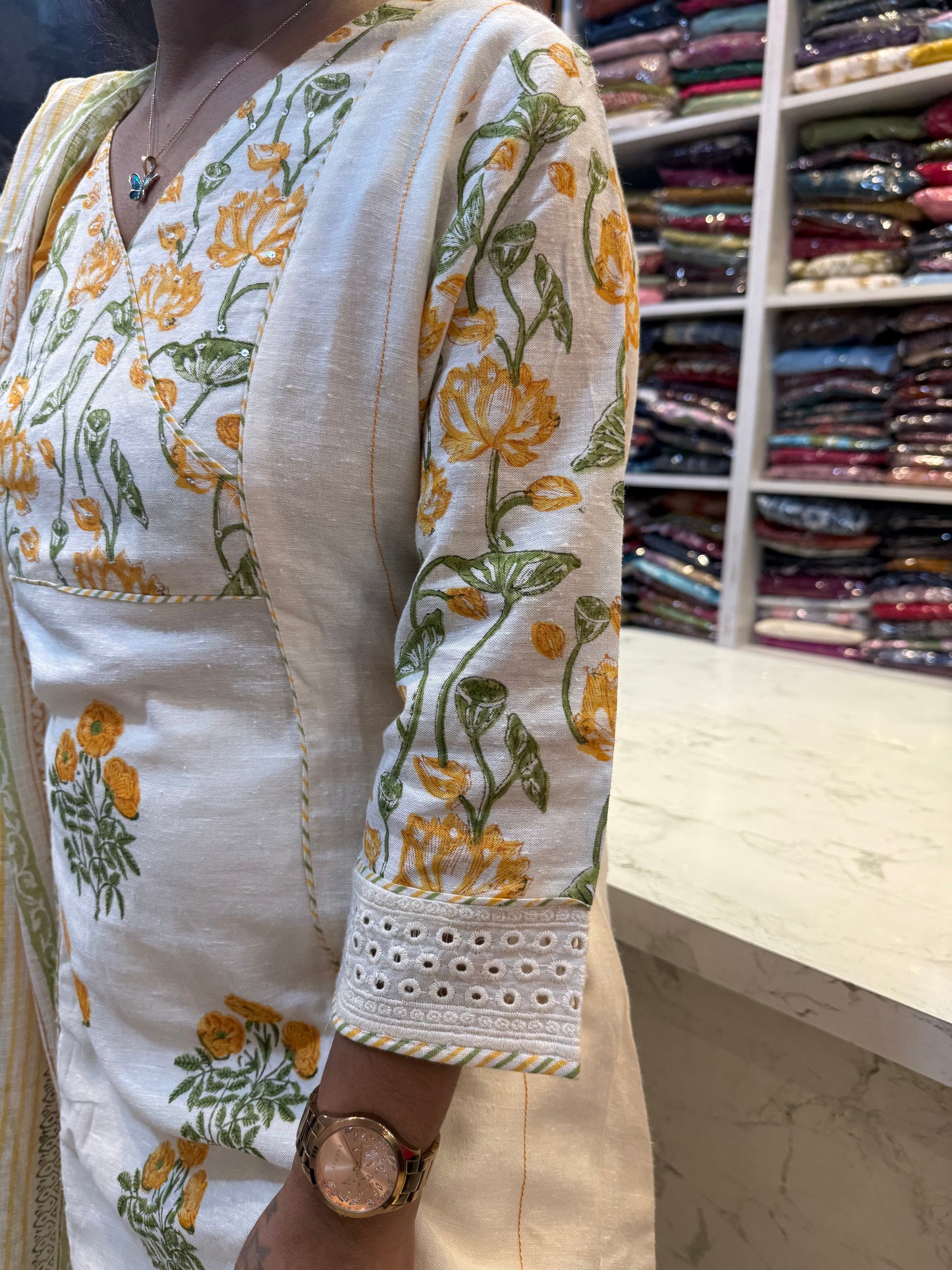 Premium Pure Linen A-line Block Printed Kurti with pant and Dupatta