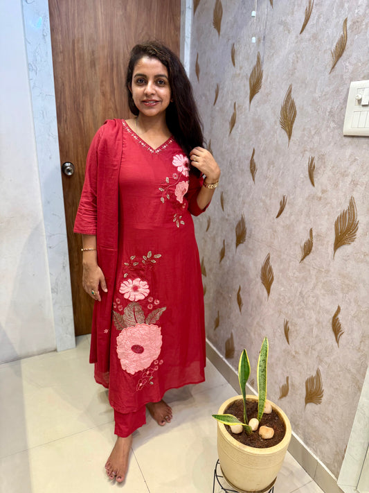 Marron Mul Cotton Embroidery Pure Cotton A-line Kurti With Pant and Dupatta -HSC1237