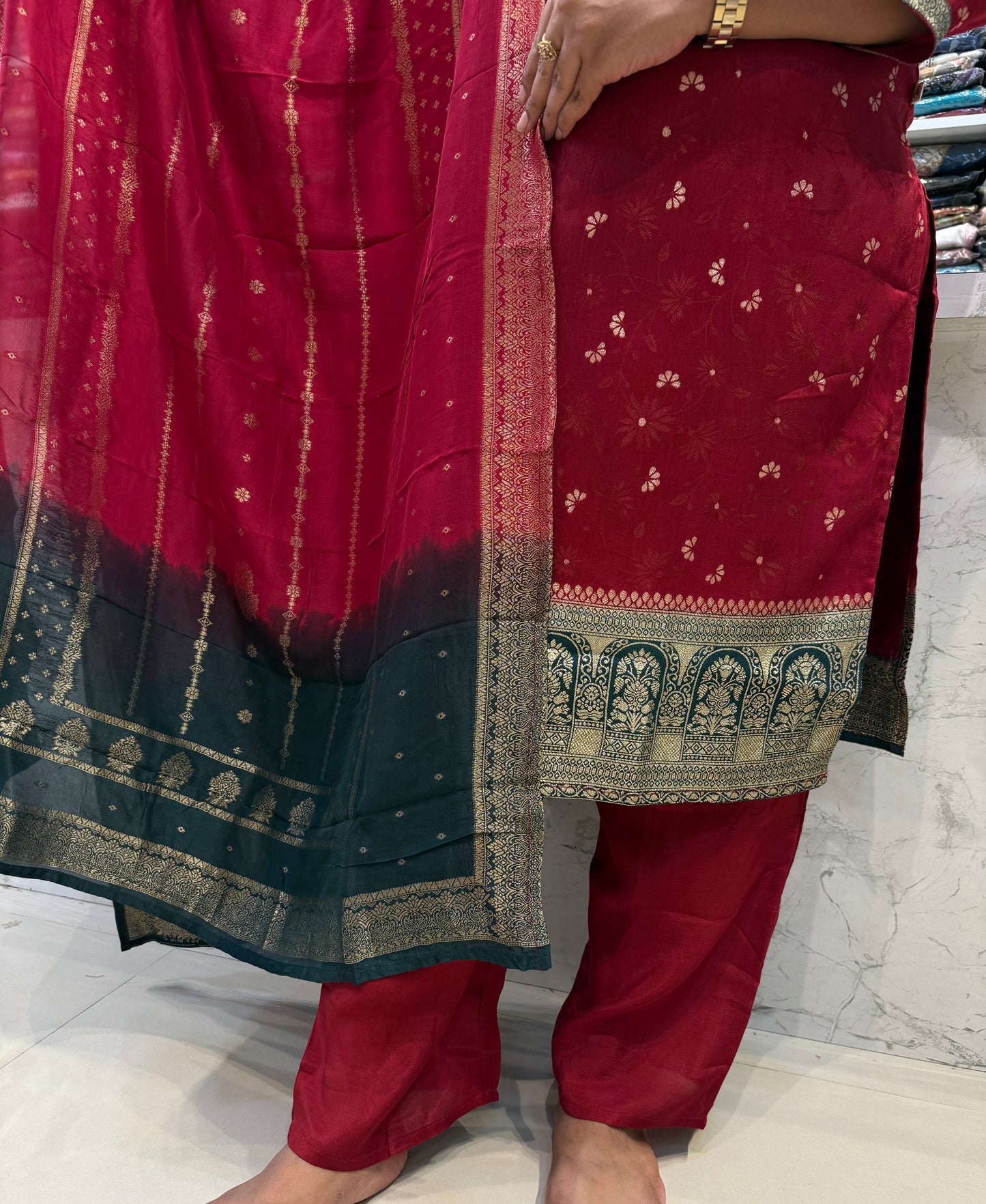 Rich Marron Kurti With Pant and Dupatta-HSC33
