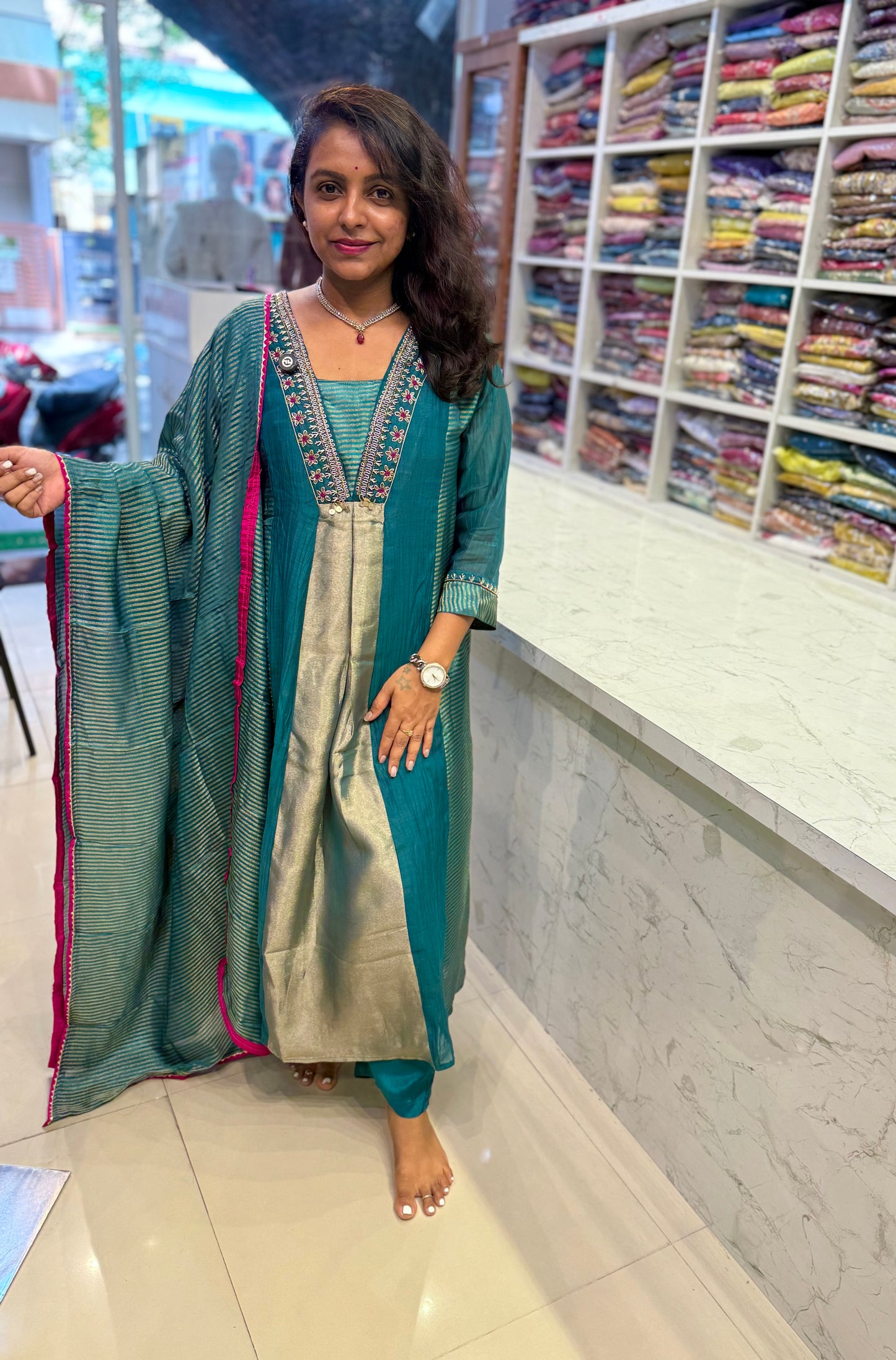Teal Blue Pure Banarasi Mul Chanderi A-line Kurti With Pant and Dupatta