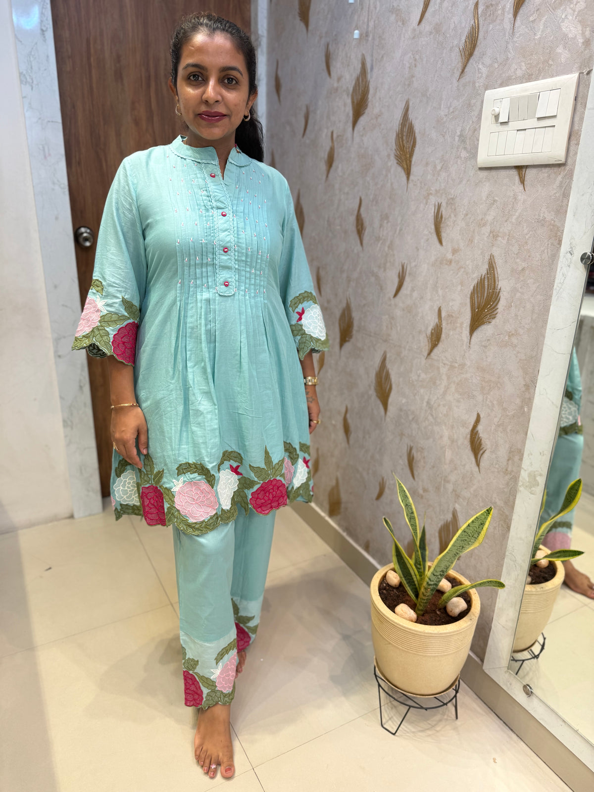 Powder Blue Embroidery Cutwork Cotton Co-ords Set- HSC1168