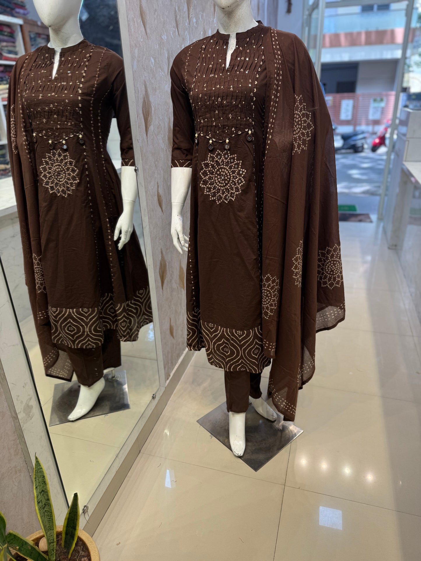 Brown Anarkali Pure Cotton Kurti With Pant and Dupatta