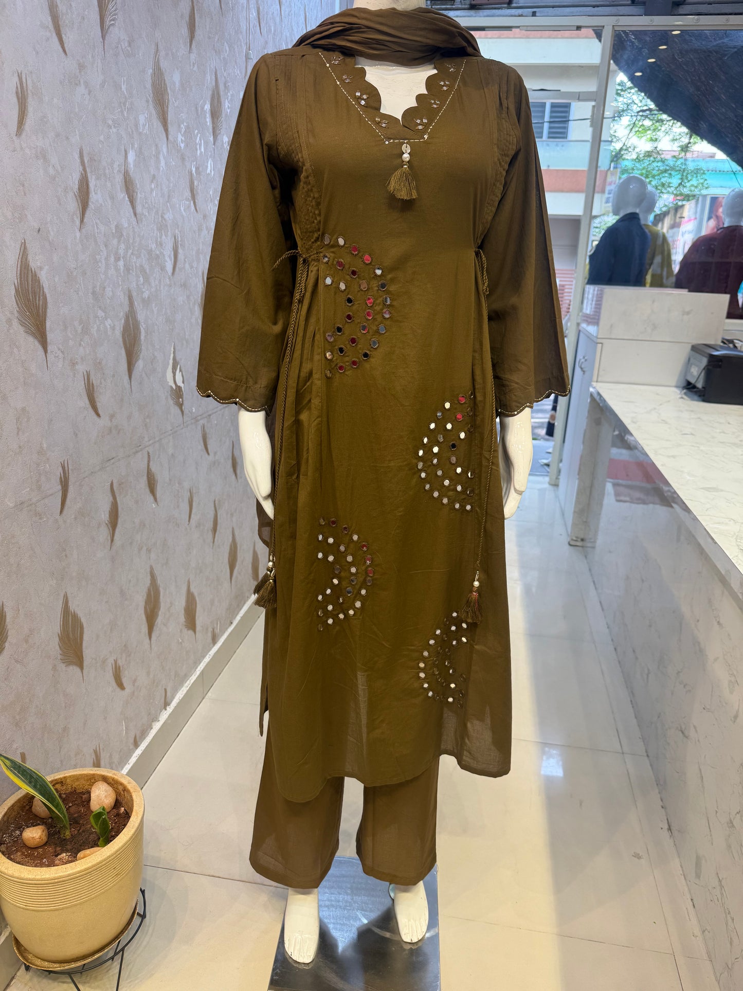 Mirror Work Pure Cotton Kurti With Pant and Dupatta-HSC128