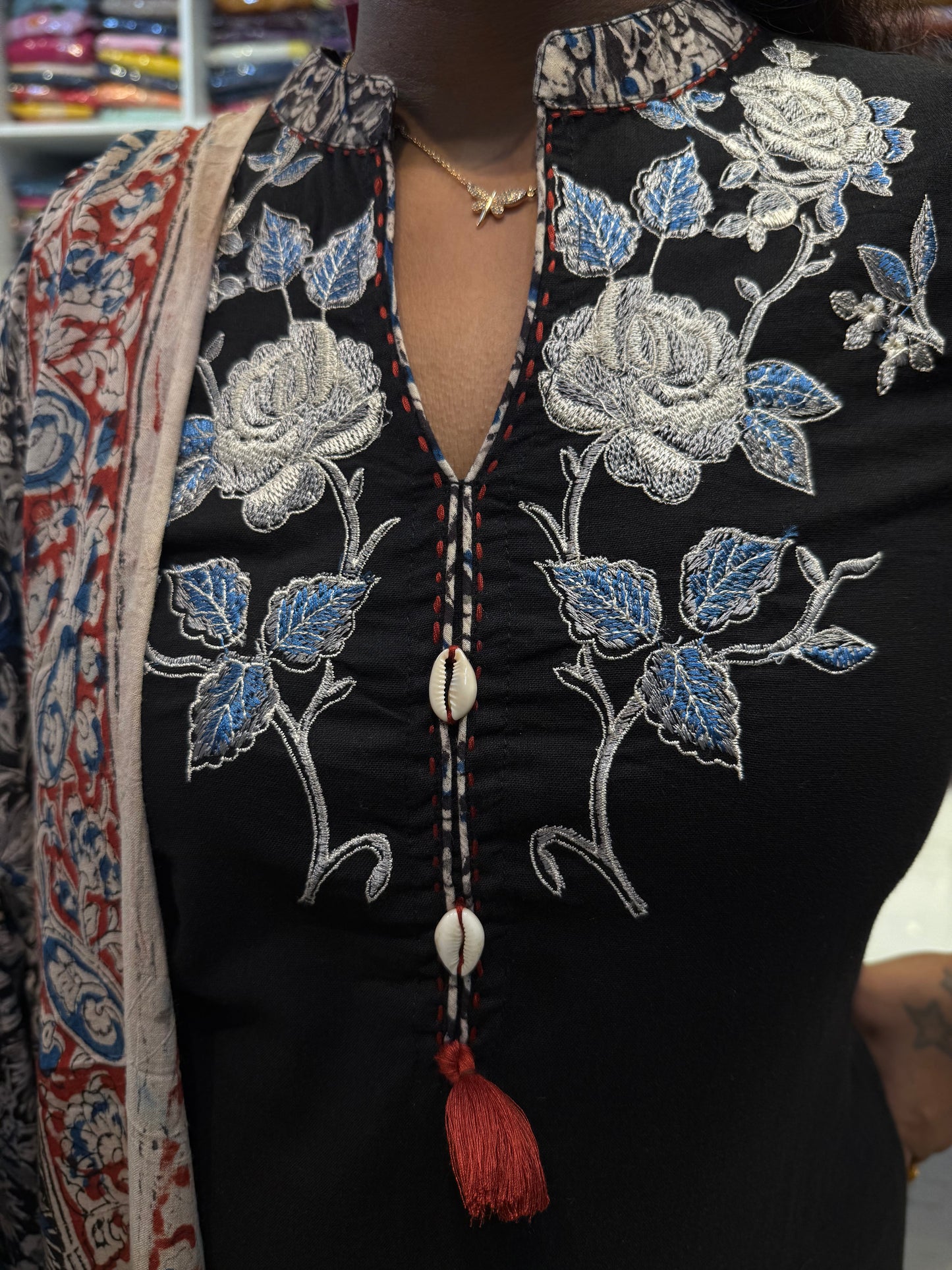 Black Kalamakari Pure Cotton Kurti with Pant and Dupatta