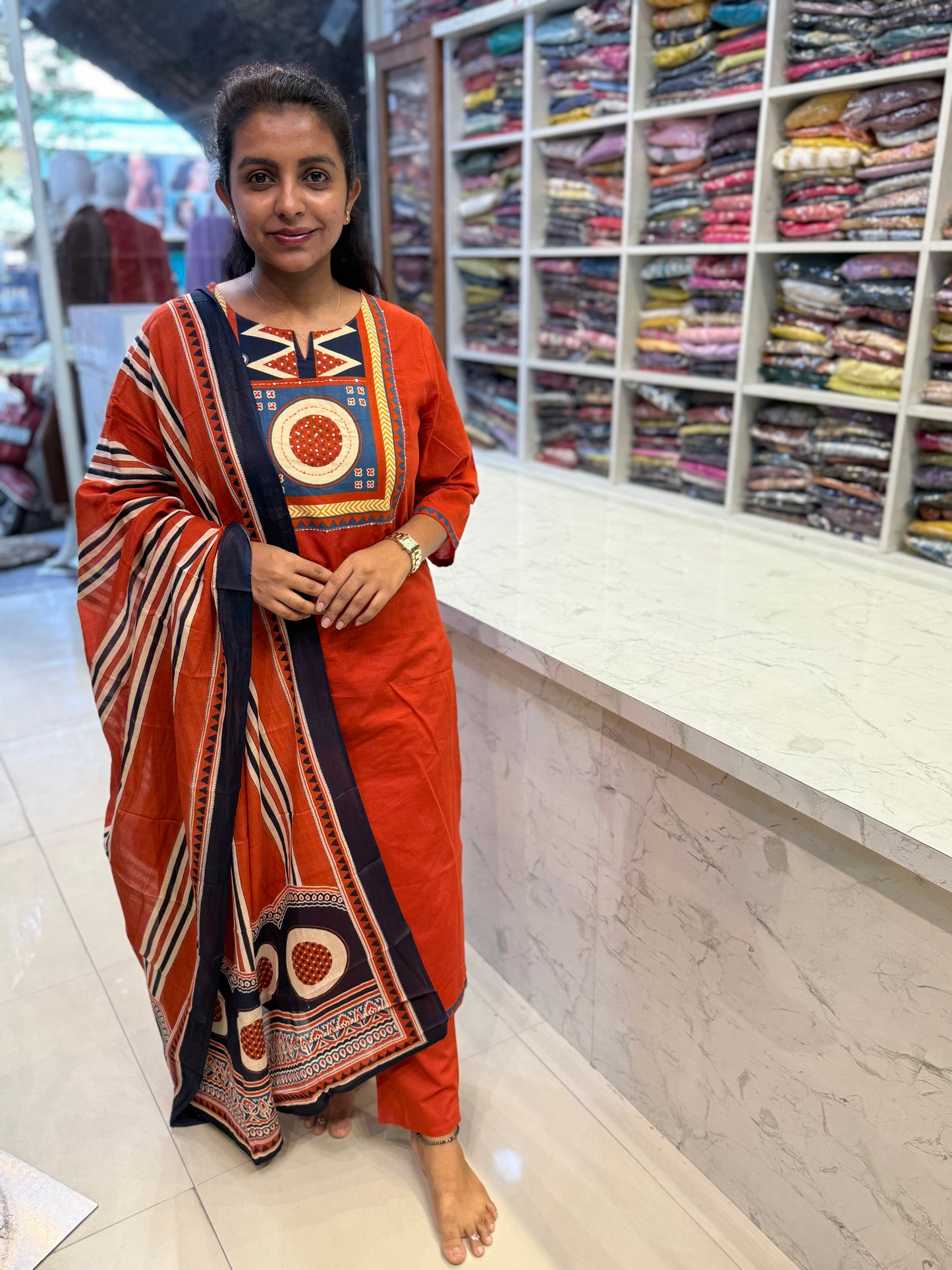 Orange Printed Patch Work Kurti With Pant and Dupatta-HSC107