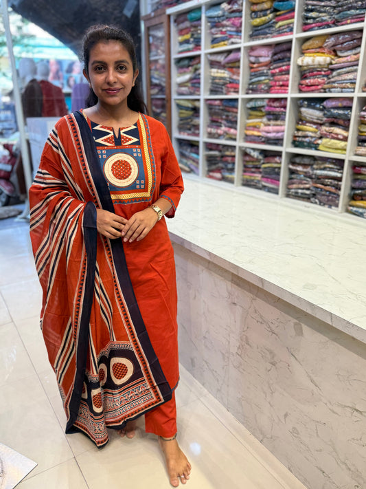 Orange Printed Patch Work Kurti With Pant and Dupatta-HSC107