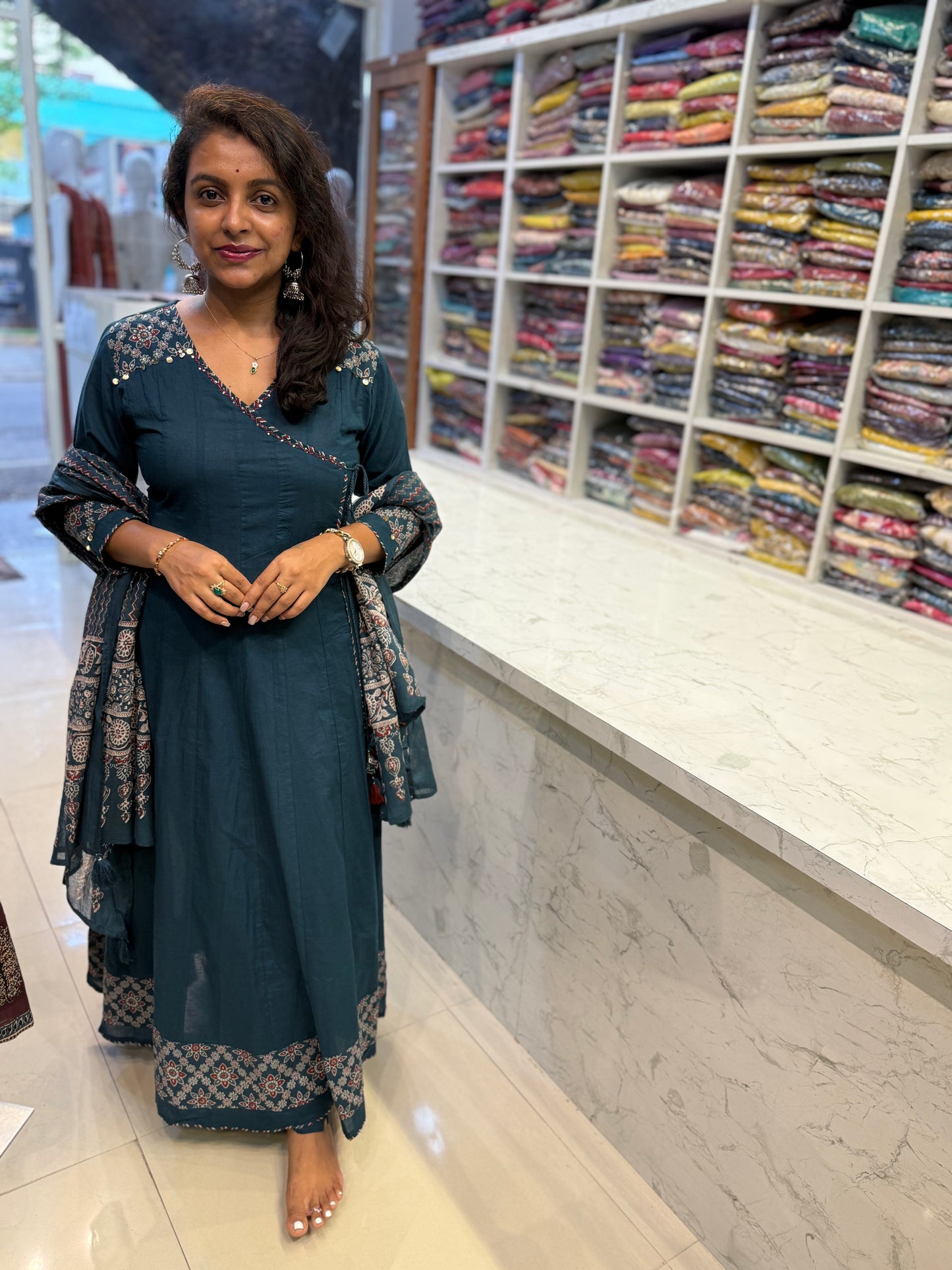 Blue Shoulder Anarkali Pure Cotton Hand Embroidery Kurti With Pant and Dupatta-HSC165
