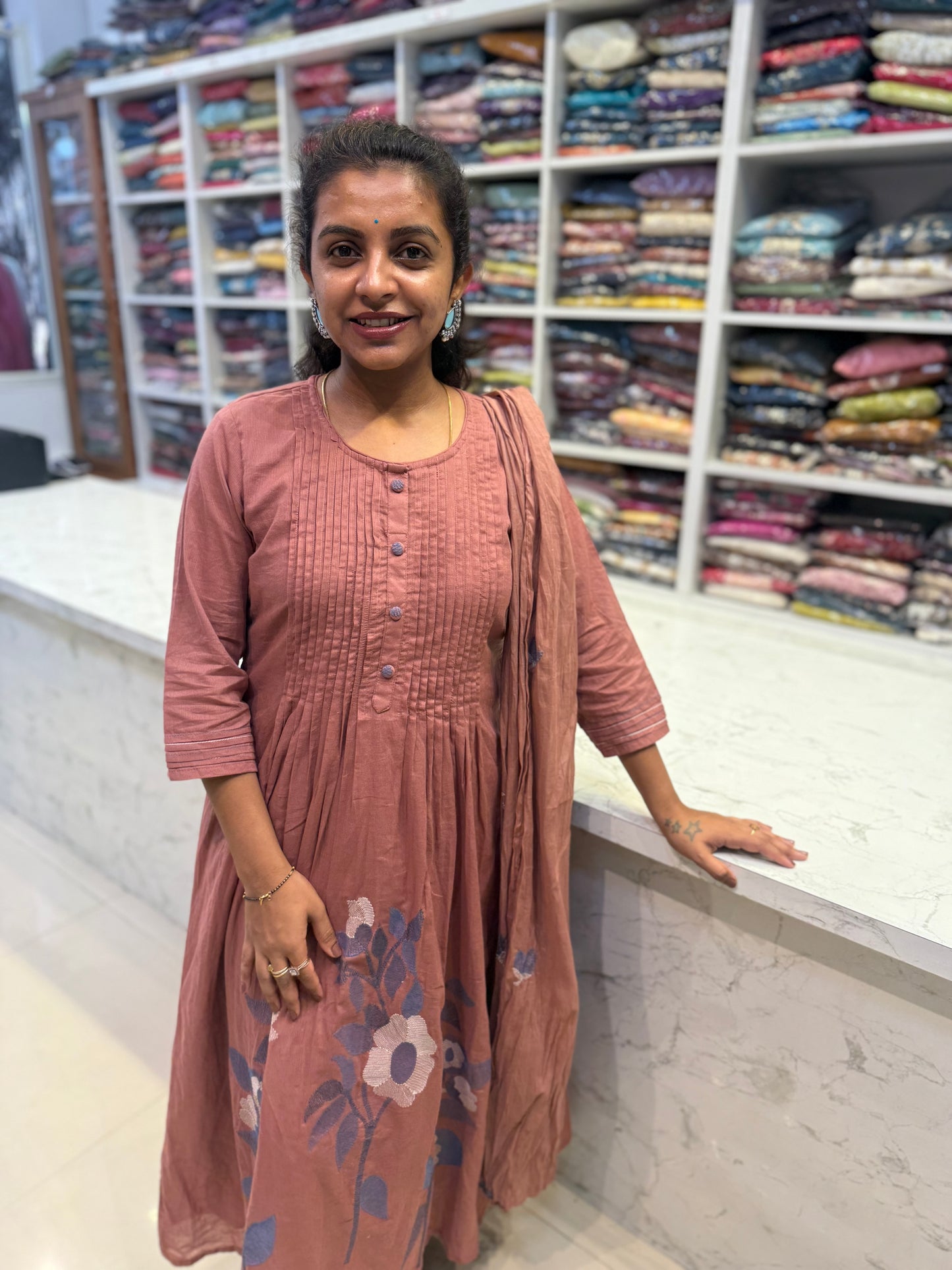 Mauve Mul Cotton A-line Cotton Kurti With Pant and Dupatta