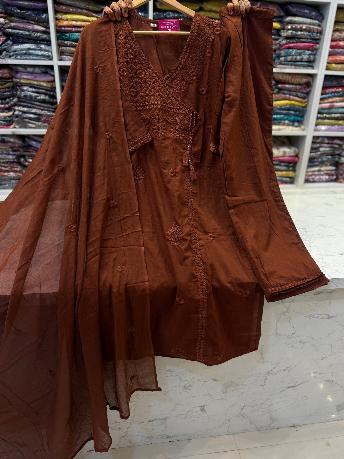 Chocolate Brown Chikankari Embroidery Kurti With Pant and Dupatta-HSC163