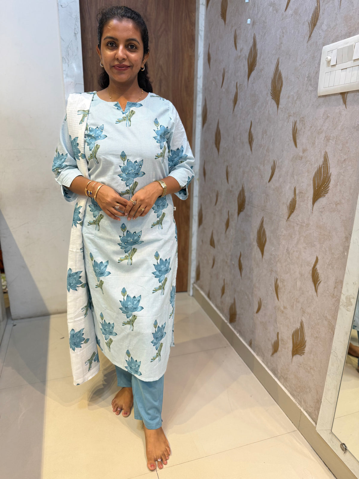 Stripes Floral Printed Pure Cotton Kurti  With Pant and Dupatta - HSC1174
