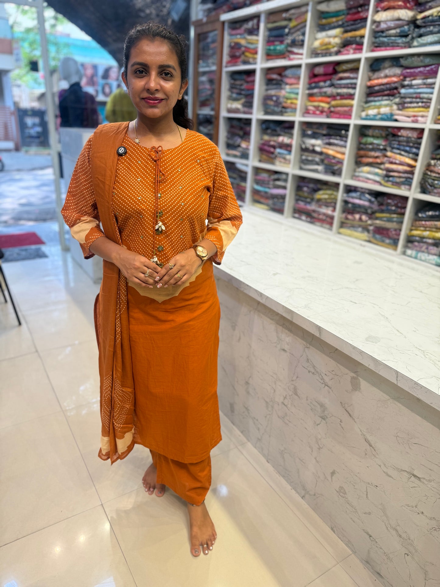 Trending Orange  Pure Cotton Kurti With Pant and Dupatta-HSC120