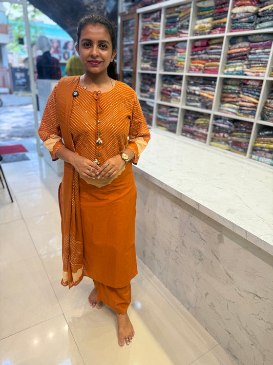 Trending Orange  Pure Cotton Kurti With Pant and Dupatta-HSC120