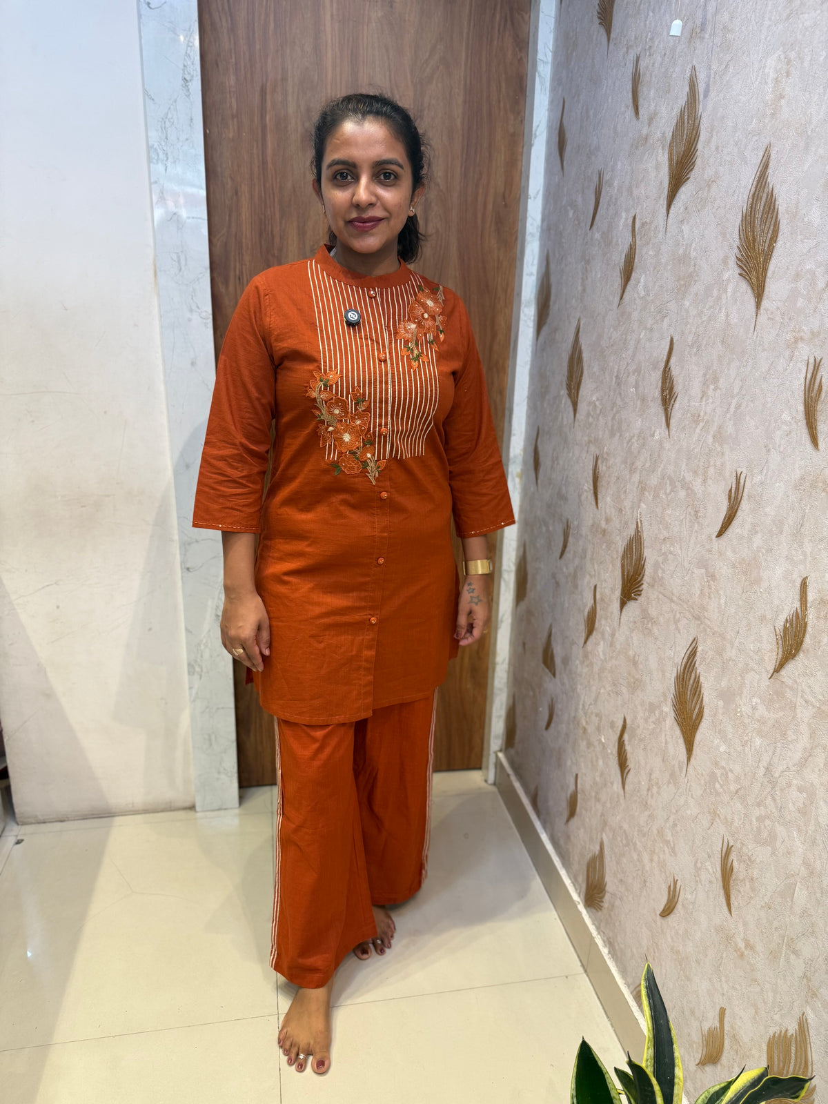Rust Orange Pure Cotton Flex Embroidery Co-ords Set -HSC1281