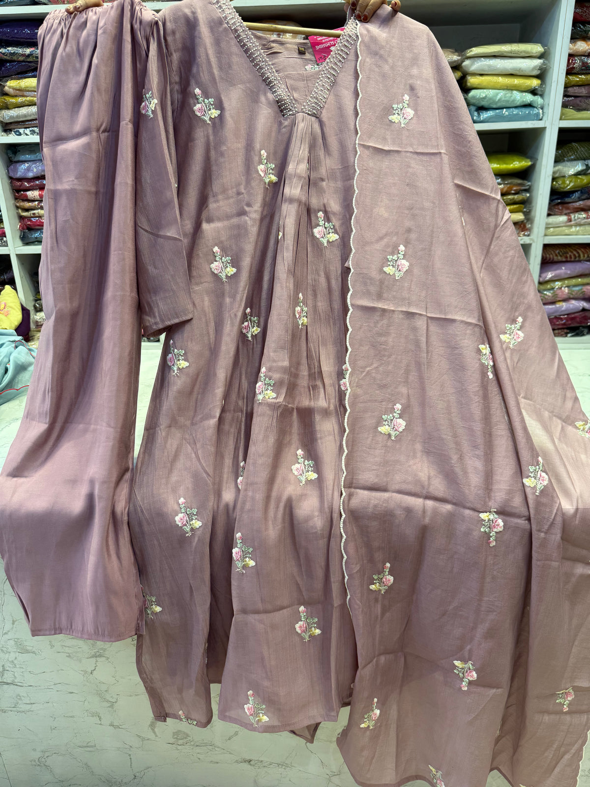Peach Hand Embroidery Work Pure Silk Kurti With Pant and Dupatta - HSC1189