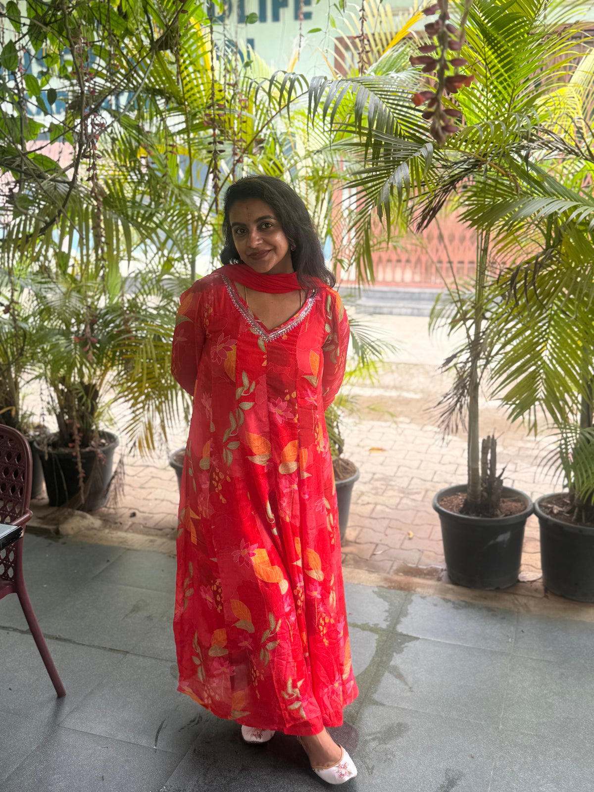 Pure Chinnon Red Anarkali Printed A-line Kurti With Pant and Dupatta -HSC1293