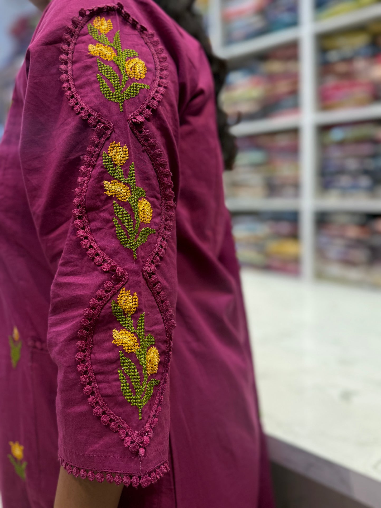 Two sides pockets magenta kurti with pant and dupatta