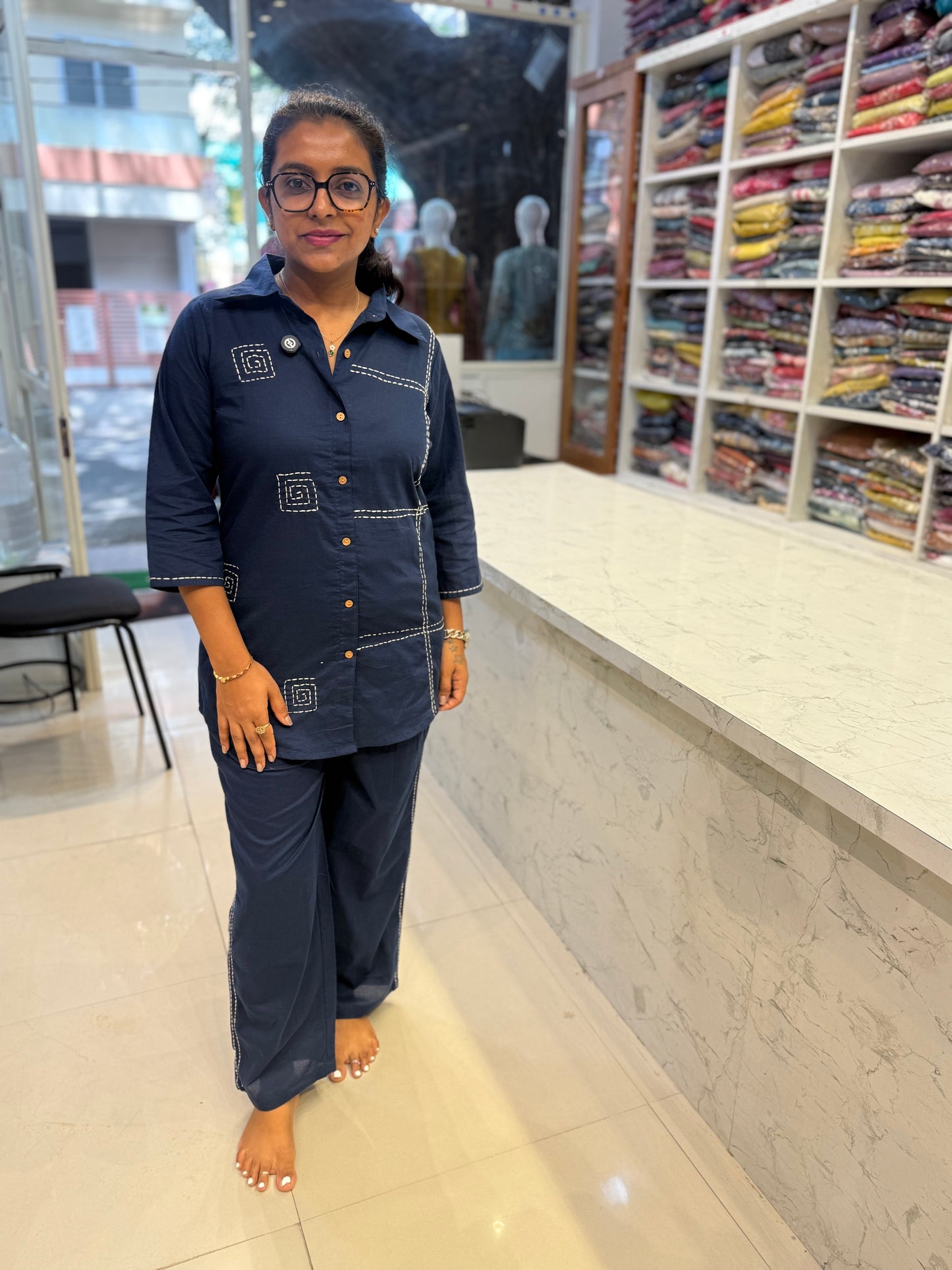 Blue Cotton Embroidered Co-ords Set