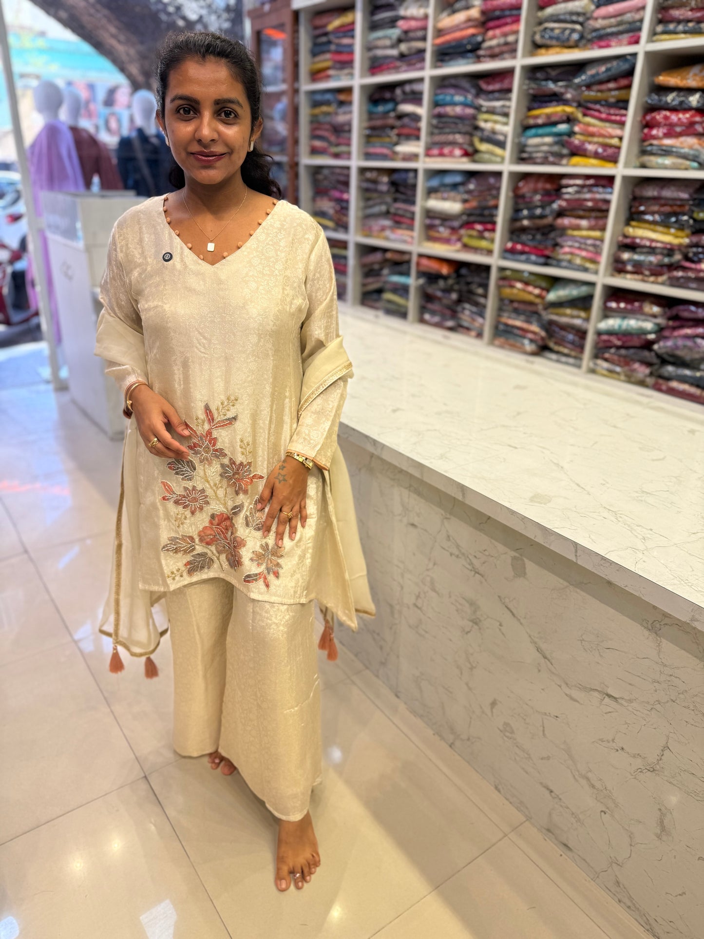 Premium Tissue Jacquard Fish Cut Kurti With Divider Pant and Dupatta