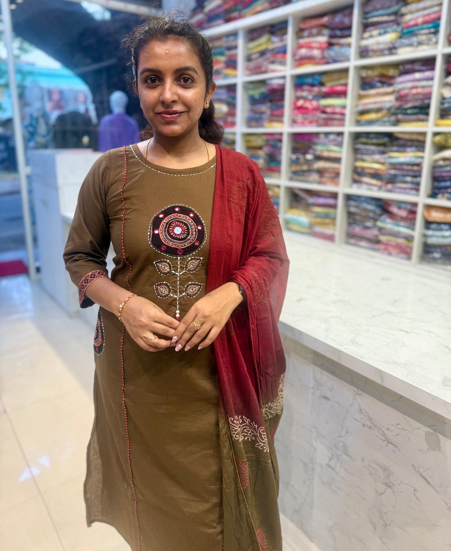 Two sides pockets Brown Applique Cotton Kurti With Pant and Dupatta-HSC126