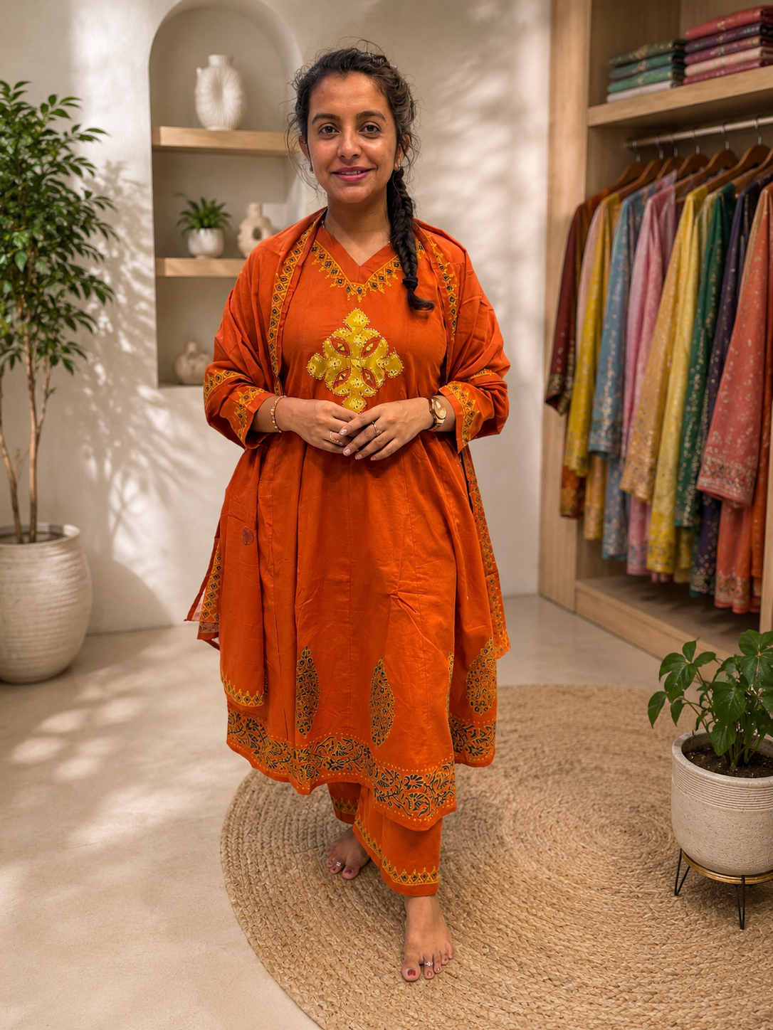 Rust Orange Block Printed Shoulder Kali Kurti With Pant and Dupatta- HSC143