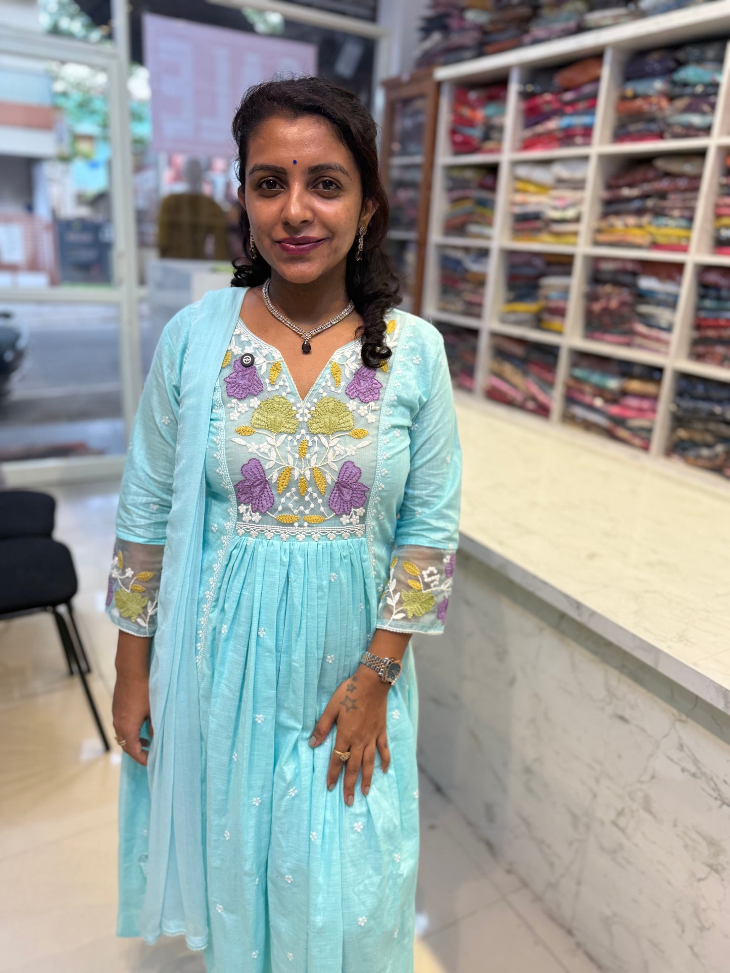 Sky Blue Cotton Kurti with Pant and Dupatta