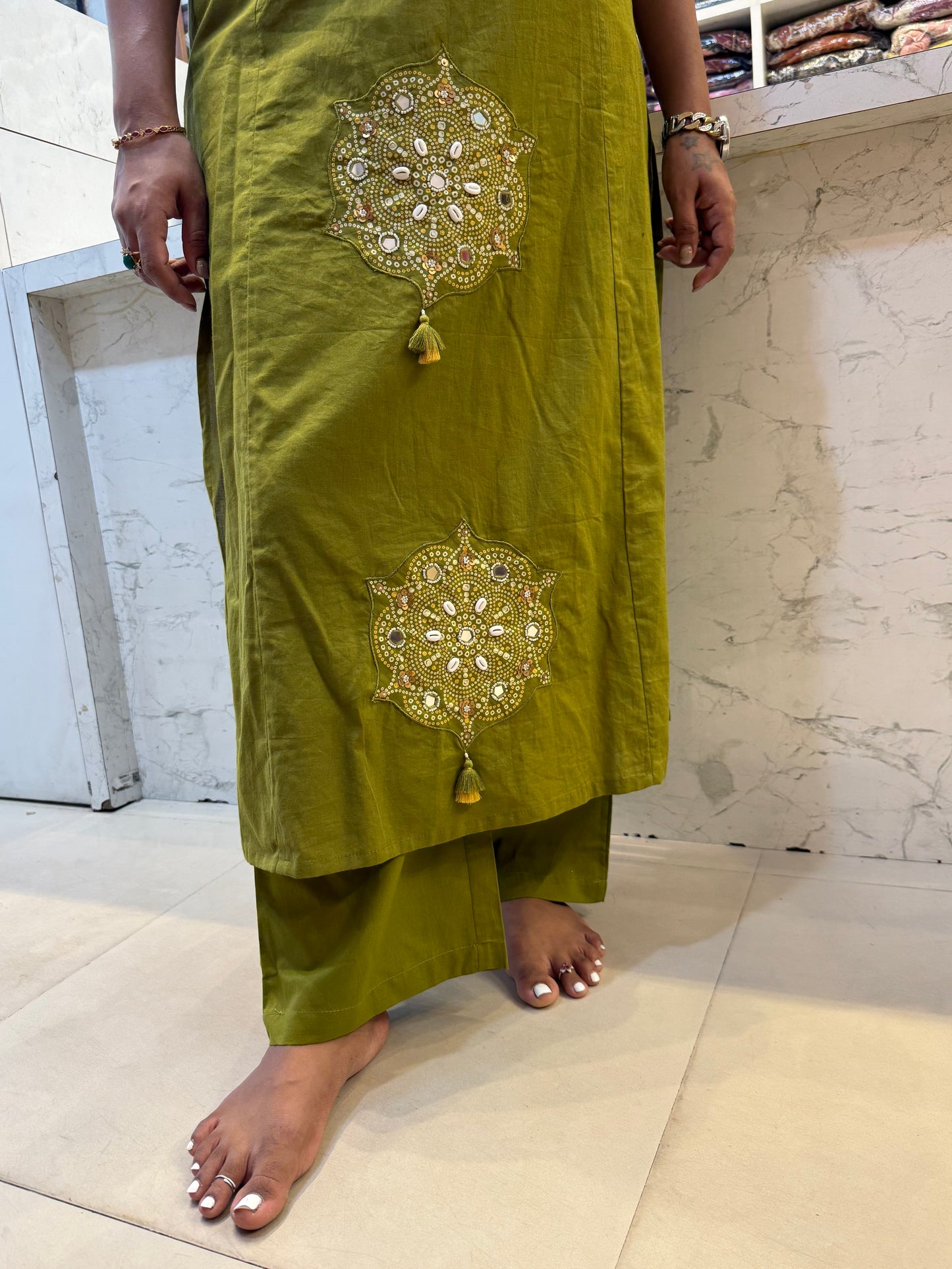 Bandini Printed Green Pure Cotton Kurti With Pant and Dupatta