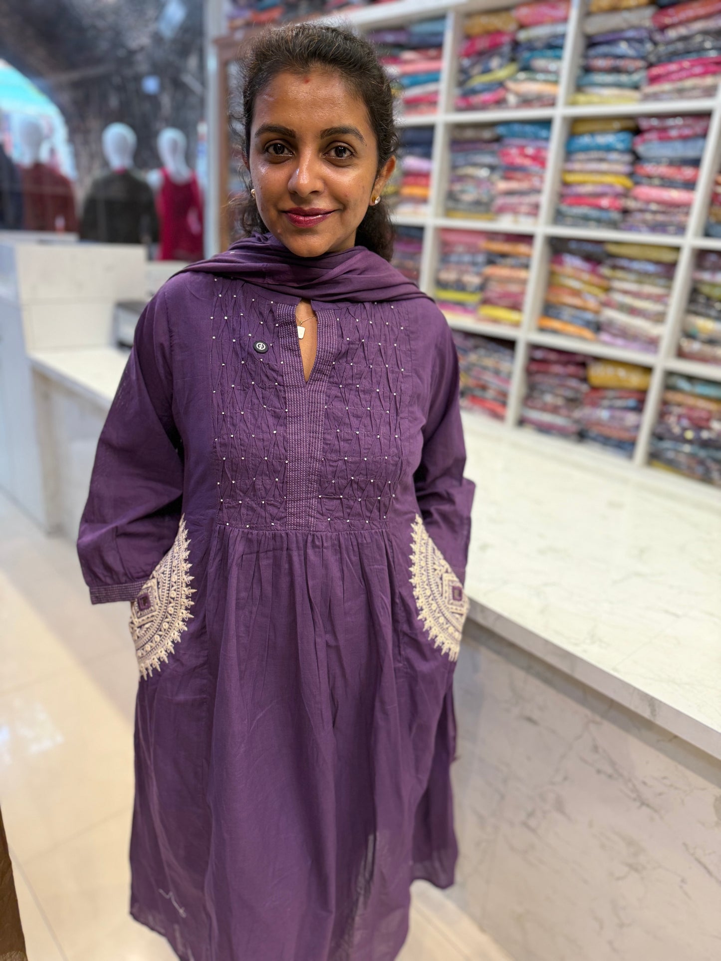 Two sides Pockets Embroidery Cotton Kurti With Pant and Dupatta-HSC29