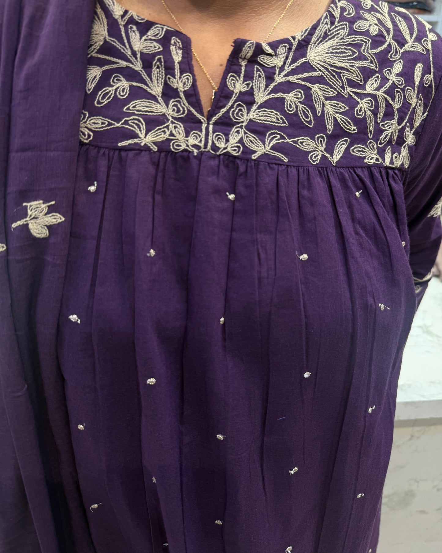 Thread Embroidery Cotton Kurti With Pant and Dupatta