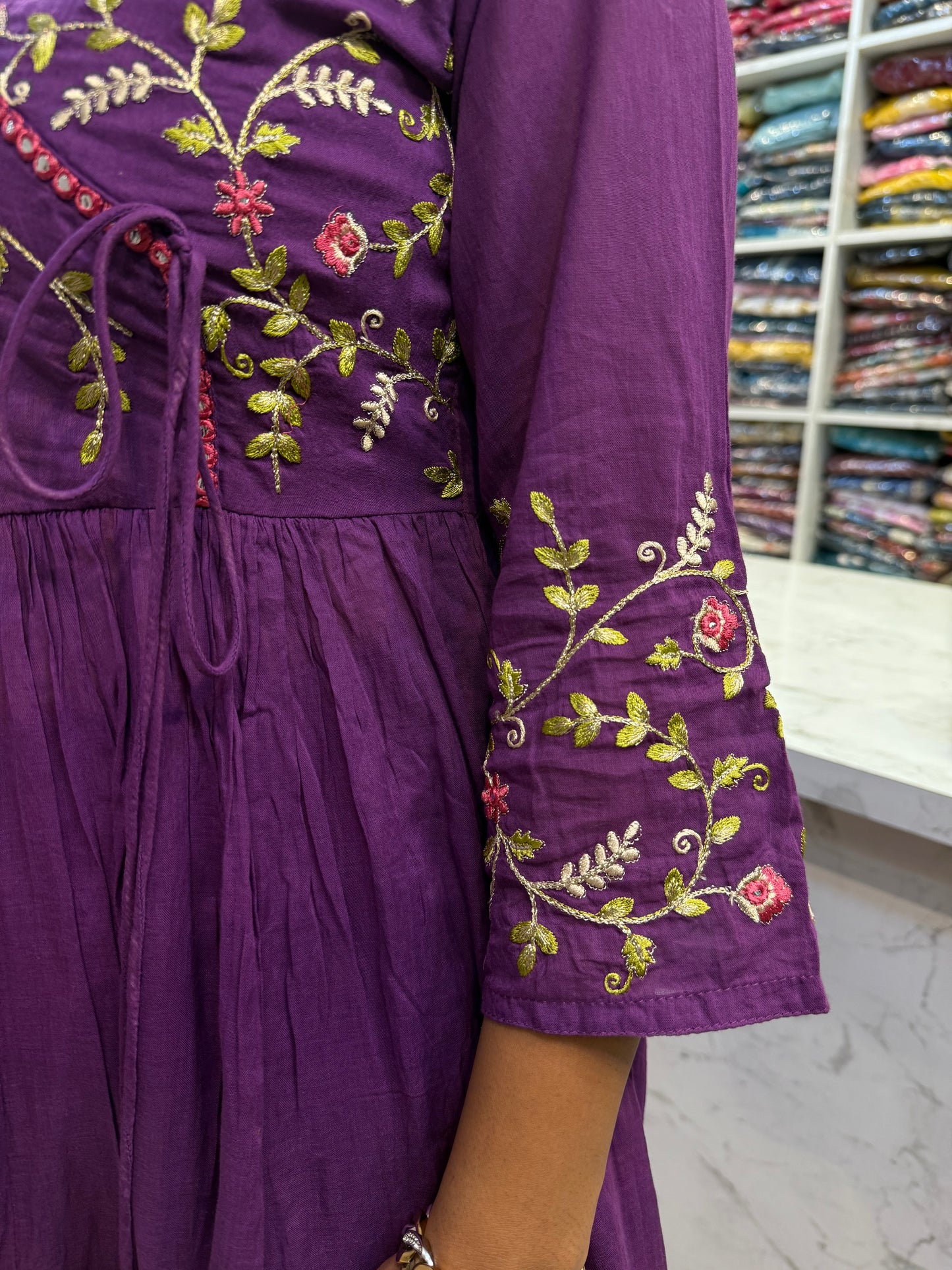 Purple Mul Cotton Anarkali Kurti with pant and Dupatta
