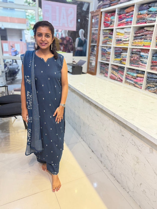 Indigo Cotton Kurti with Pant And Dupatta