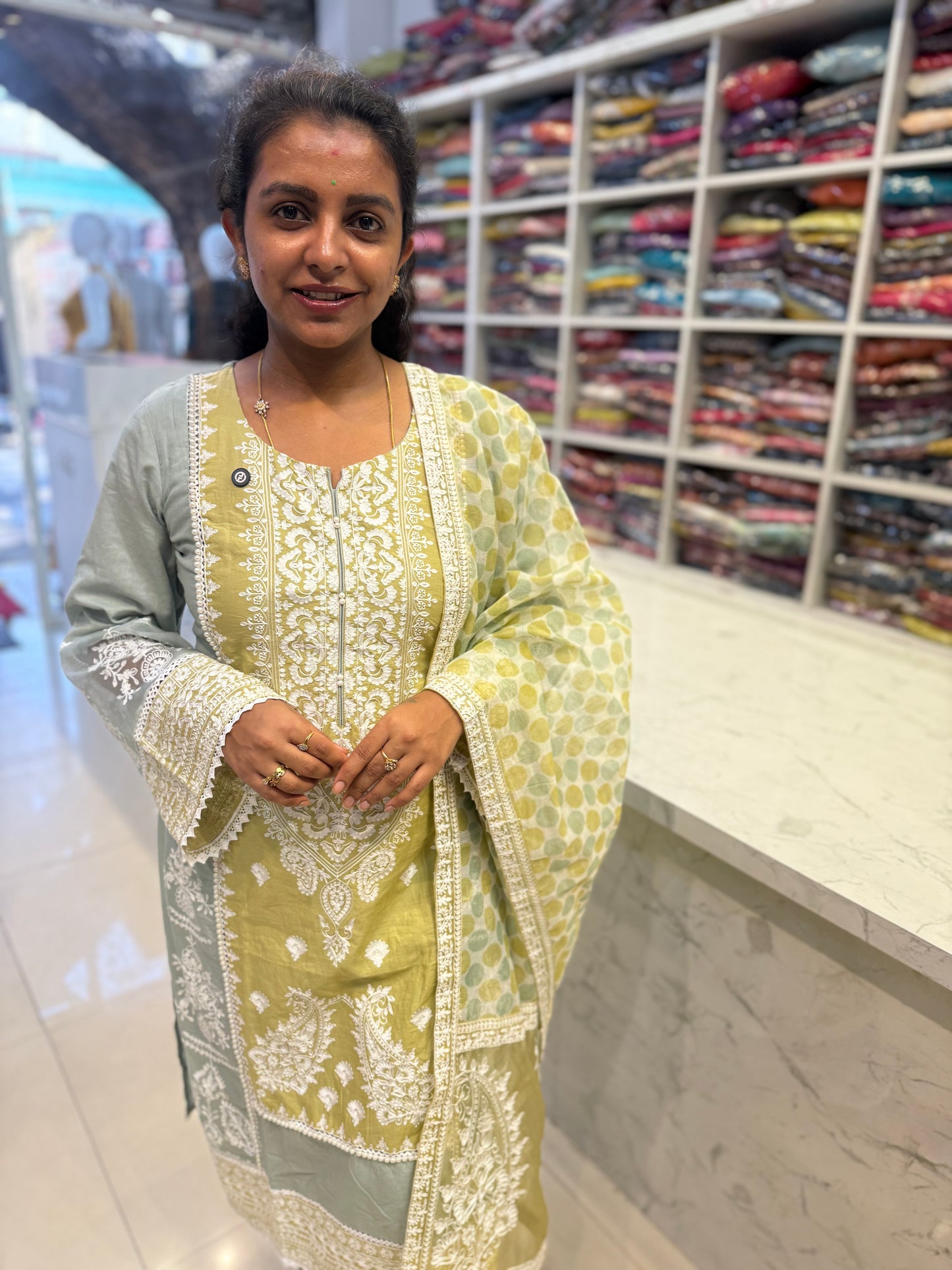 Pista Green work Embroidery Kurti With pant and Dupatta