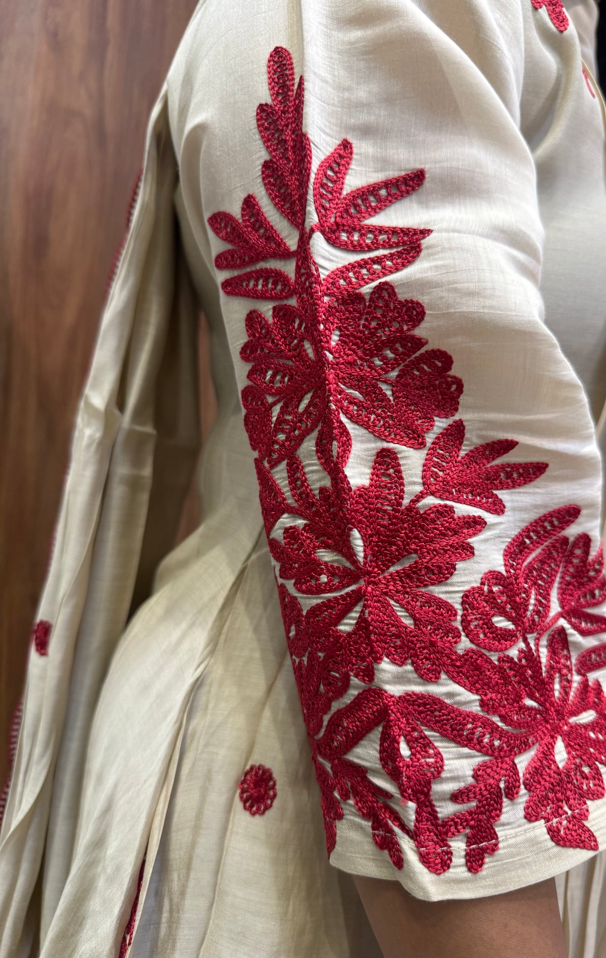 Half White Mul Chanderi Embroidery A-line Kurti With Pant and Dupatta  -HSC1307