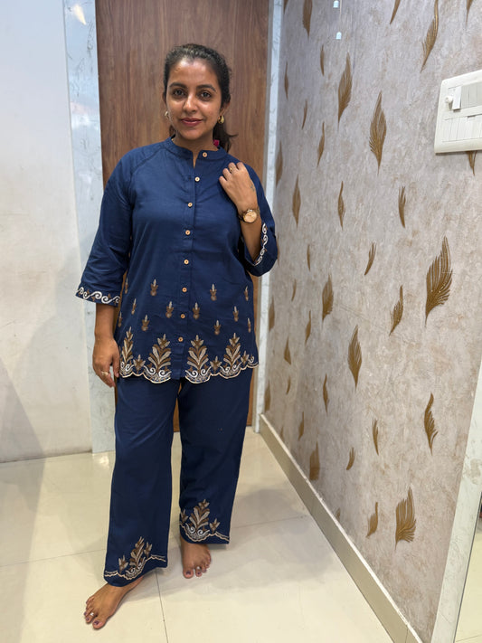 Scallop Cut Blue Embroidery Pure Cotton Co-ords Set -HSC1288