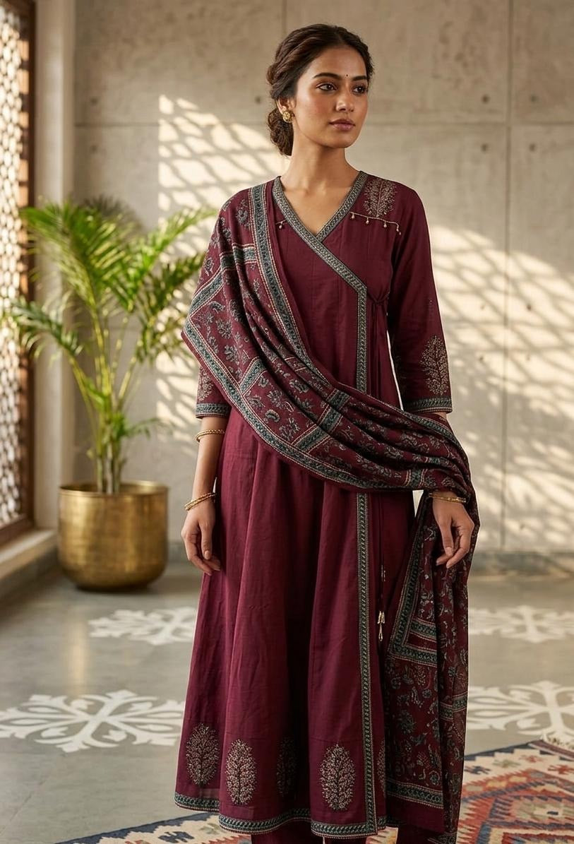 Wine Shoulder Anarkali Pure Cotton Hand Embroidery Kurti With Pant and Dupatta-HSC165