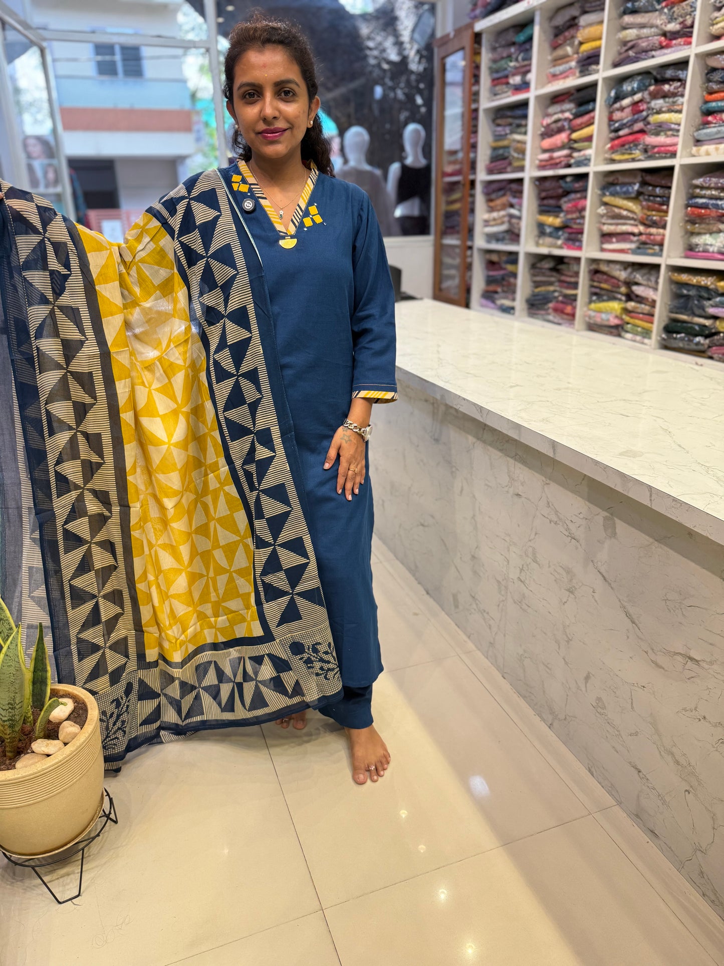 Blue Pure Cotton Flex Applique Straight Cut Kurti With Pant and Dupatta