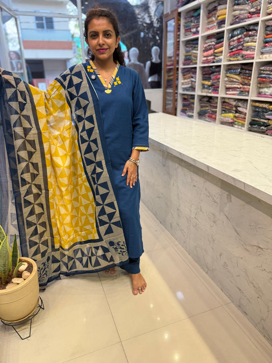 Blue Pure Cotton Flex Applique Straight Cut Kurti With Pant and Dupatta