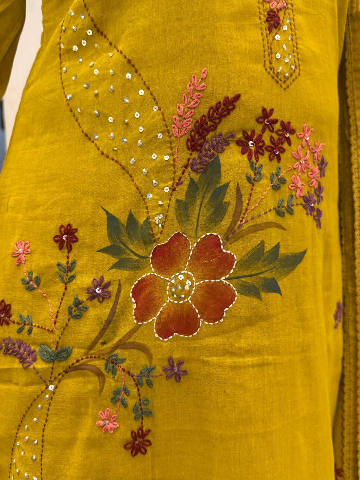 Mustard Hand Thread Embroidery Kurti With Pant and Dupatta - HSC1181