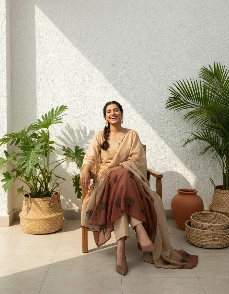 Ombre Brown Pure Mul Chanderi A-line Kurti With Pant and Dupatta